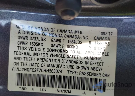 2017 Honda Civic Ex z USA, uszkodzony, nr VIN 2HGFC2F70HH563074